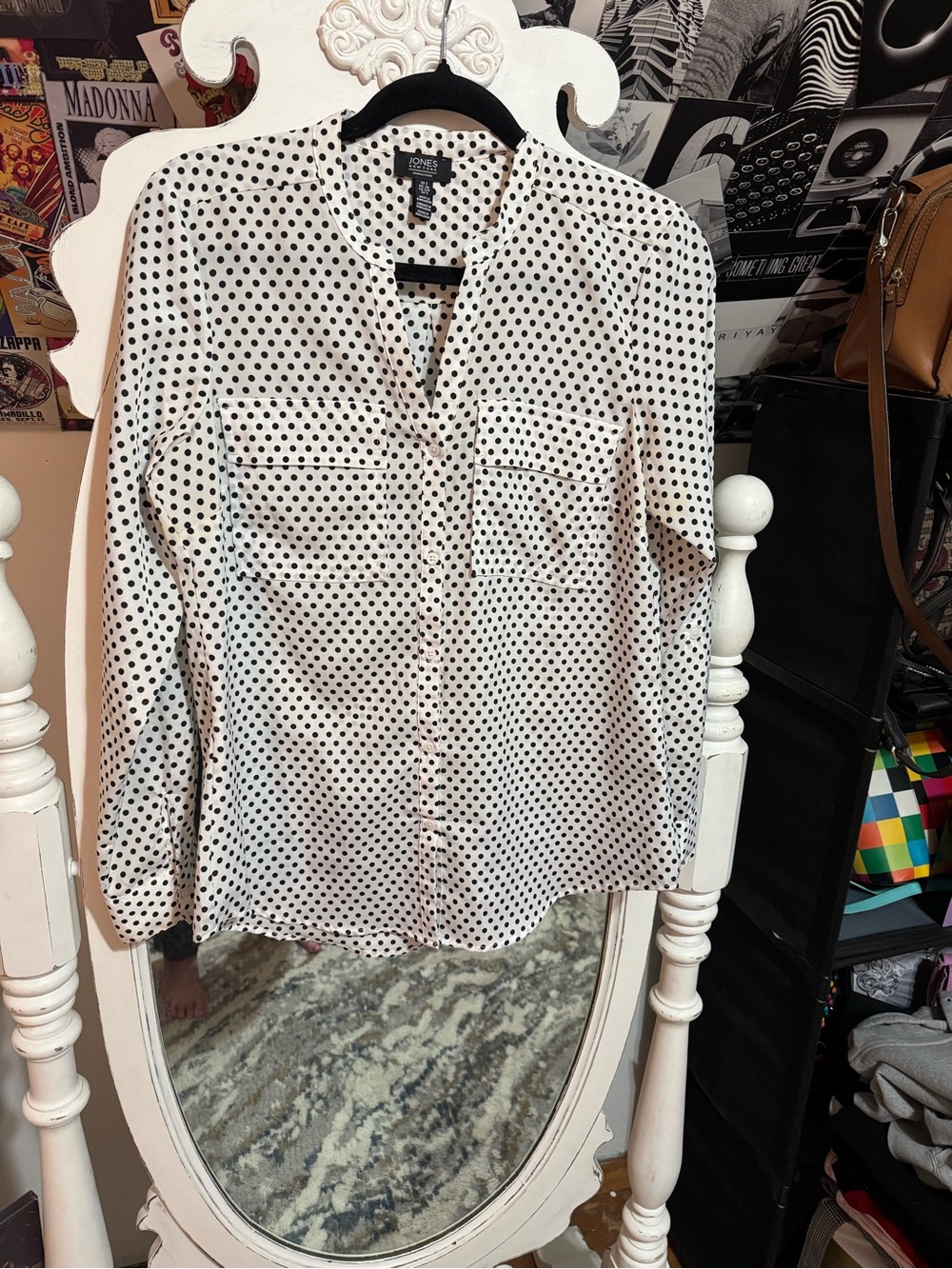 Jones New York White Blouse with Black Polka Dots